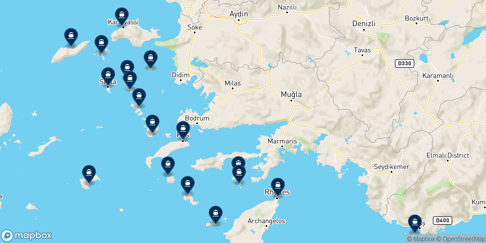 Mappa delle destinazioni Dodekanisos Seaways