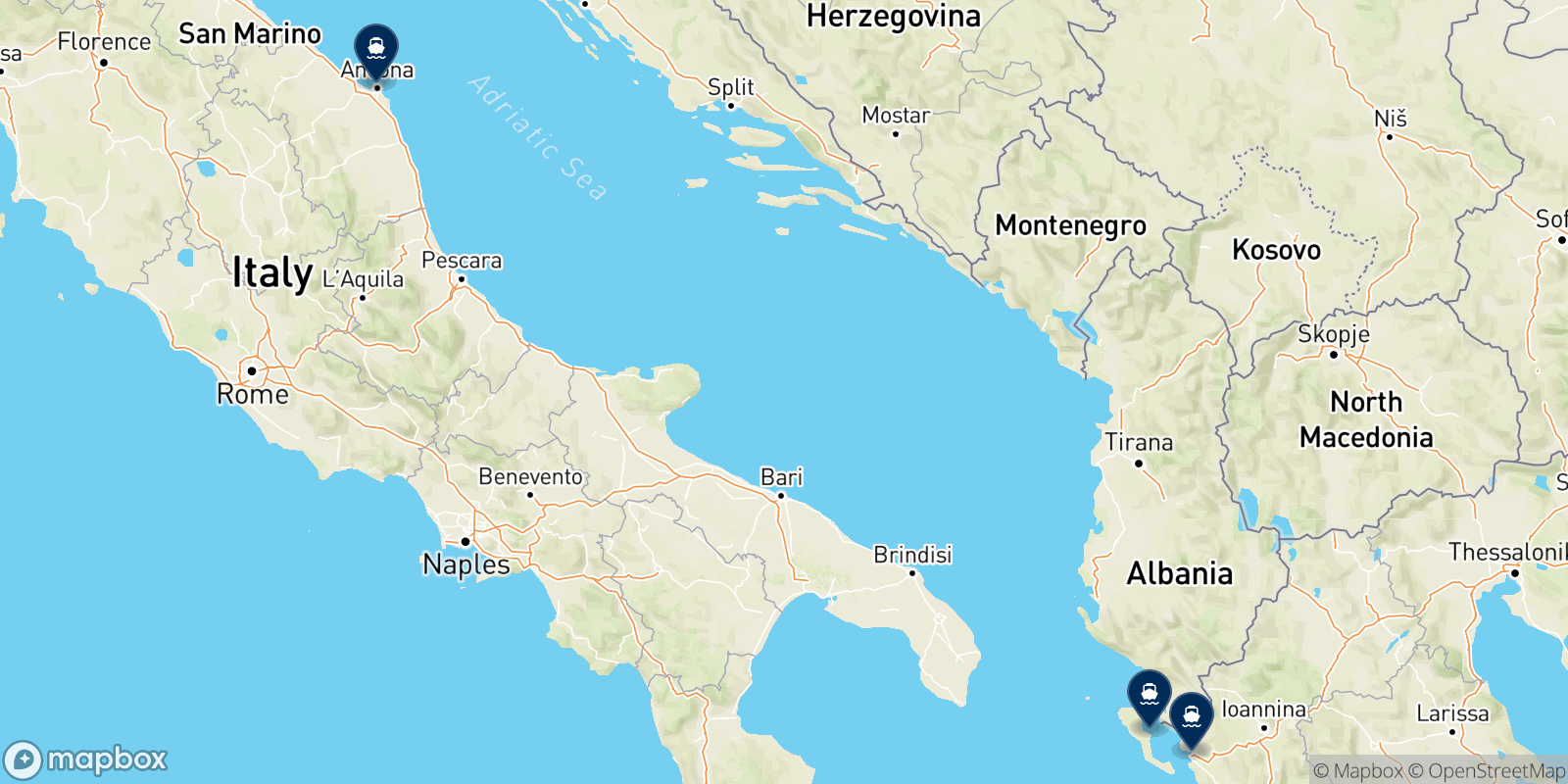 Mappa delle destinazioni Minoan Grimaldi Euromed