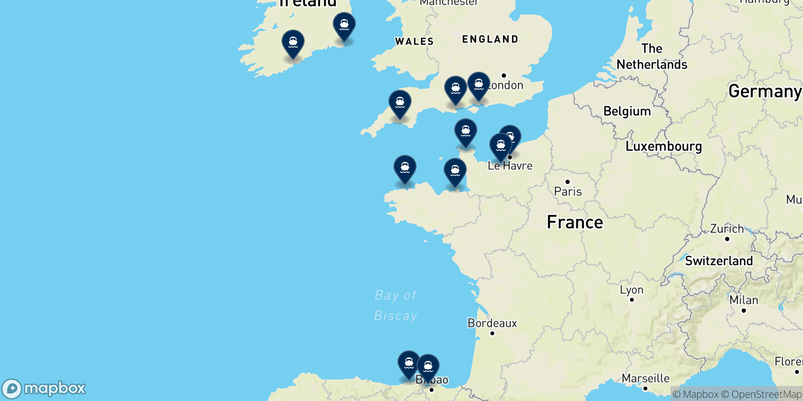 Mappa delle destinazioni Brittany Ferries