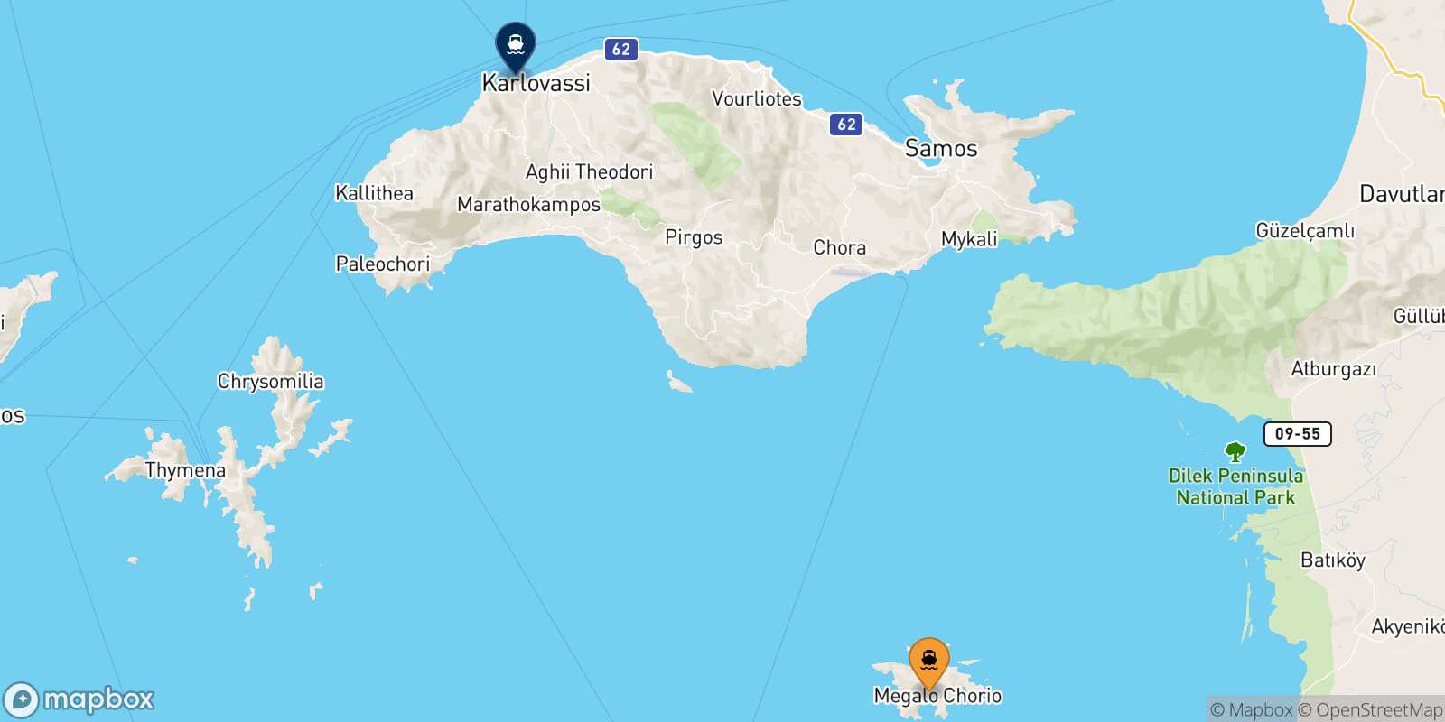 Mappa della rotta Agathonisi Pythagorio (Samos)