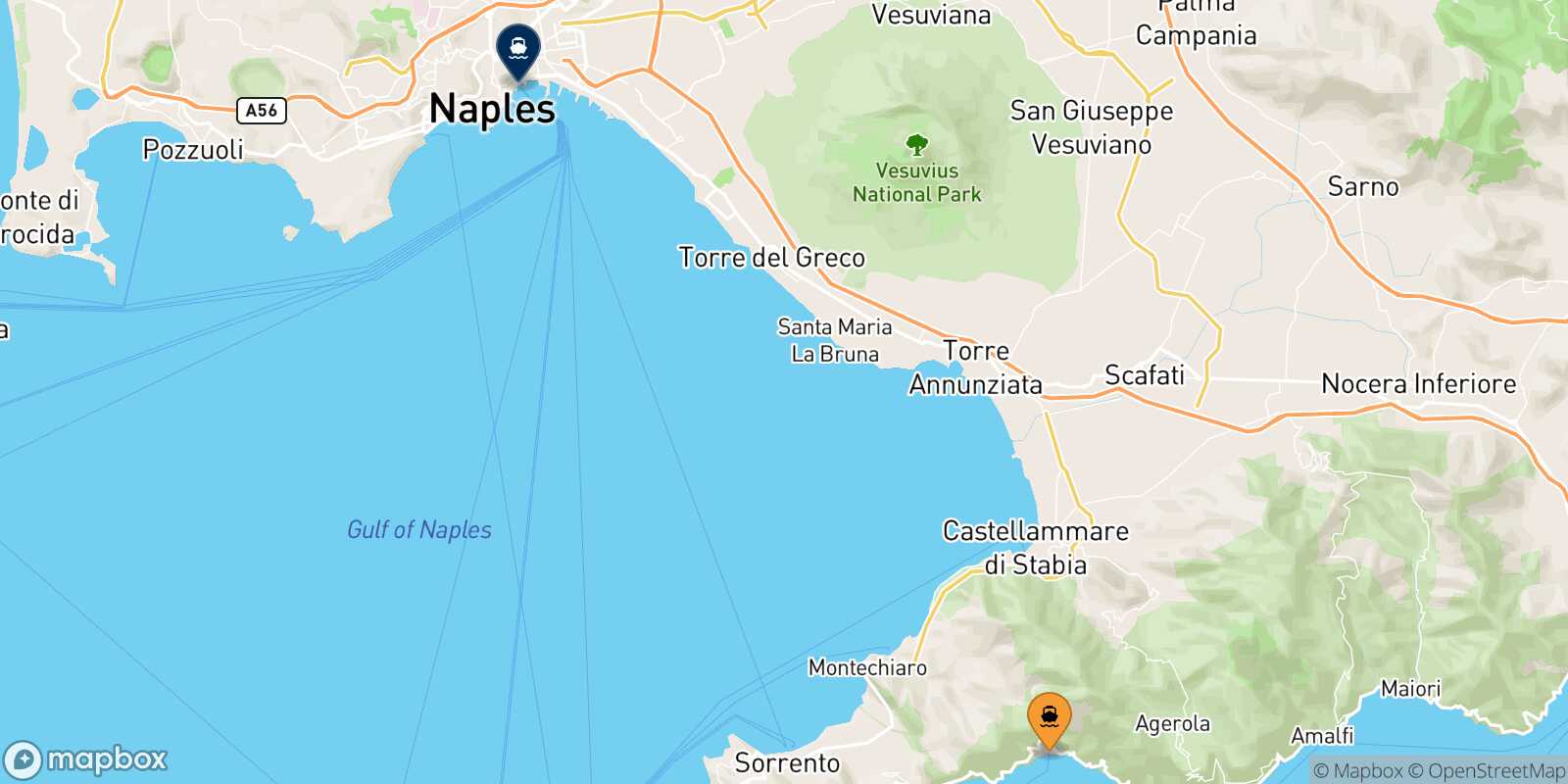 Mappa della rotta Positano Napoli Beverello