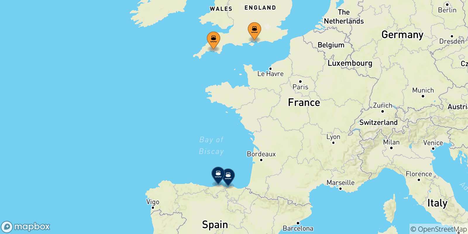 Mappa delle possibili rotte tra il Regno Unito e la Spagna