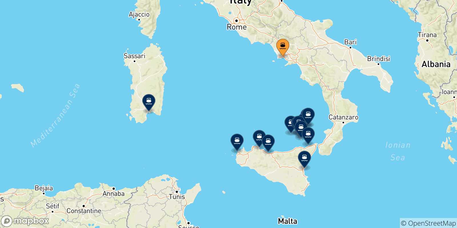 Mappa delle possibili rotte tra Napoli e l'Italia
