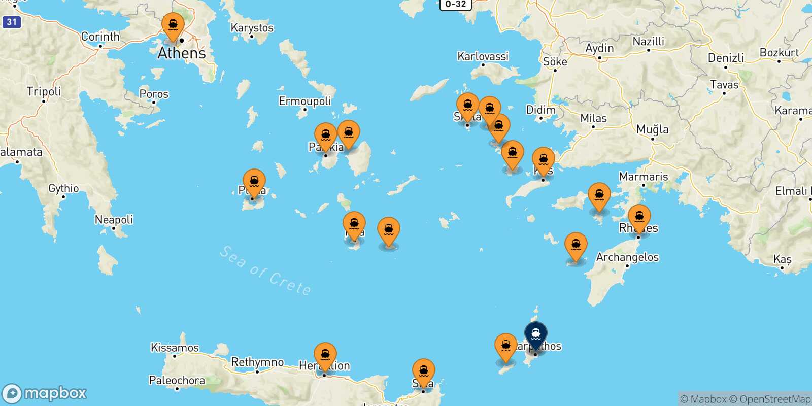 Mappa dei porti collegati con  Karpathos
