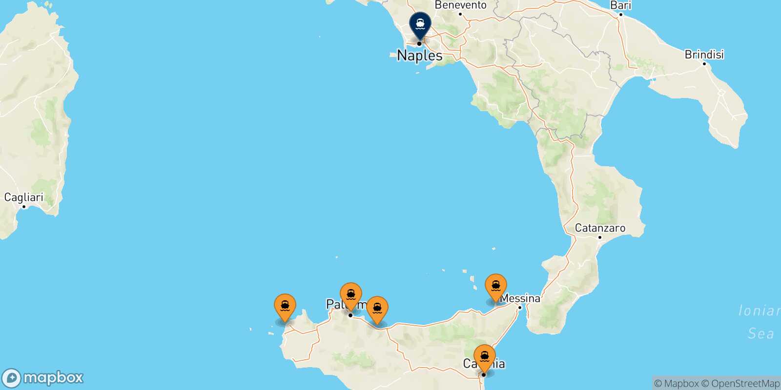 Mappa dei porti collegati con  Napoli