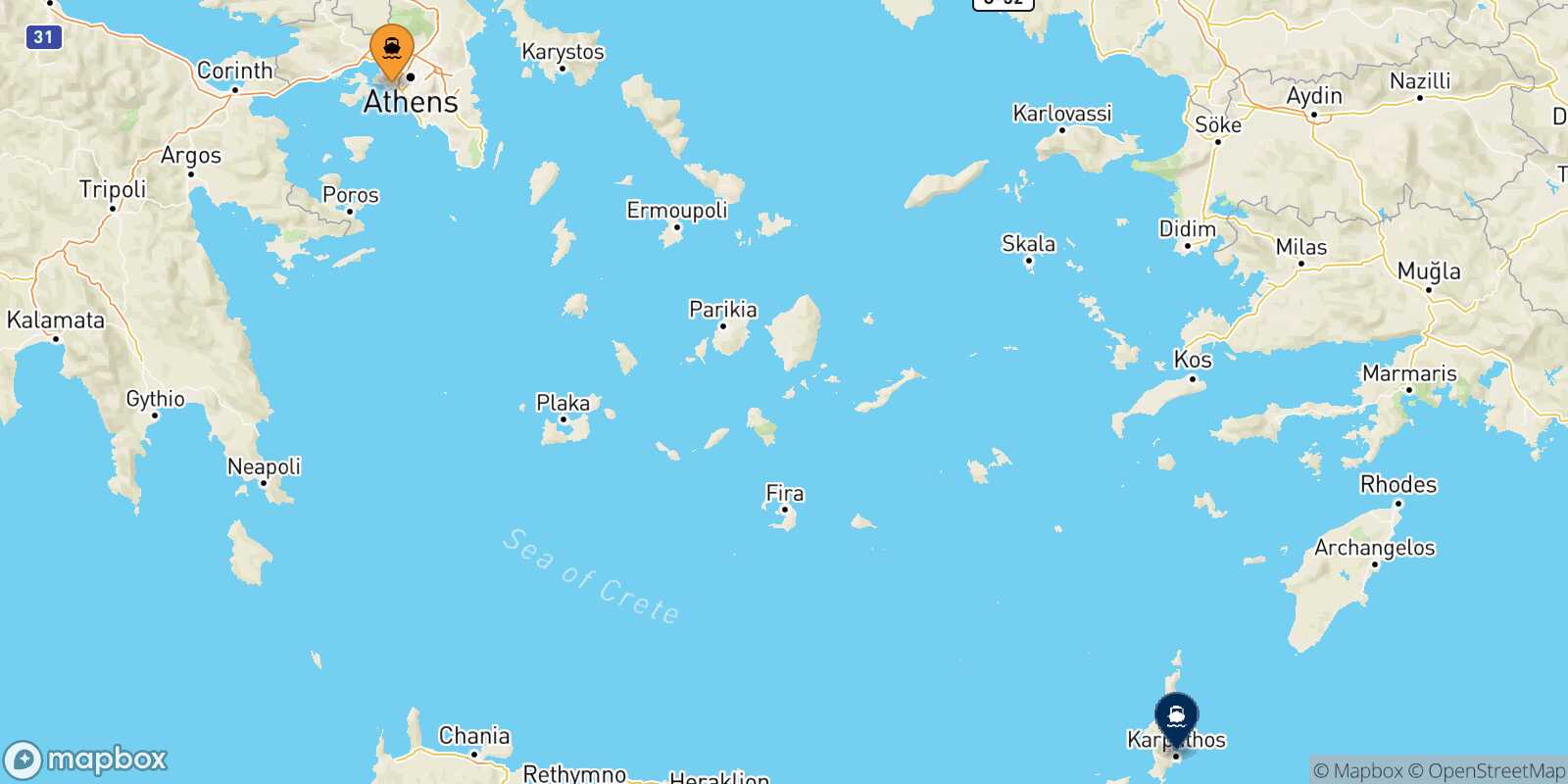 Mappa della rotta Pireo Diafani (Karpathos)