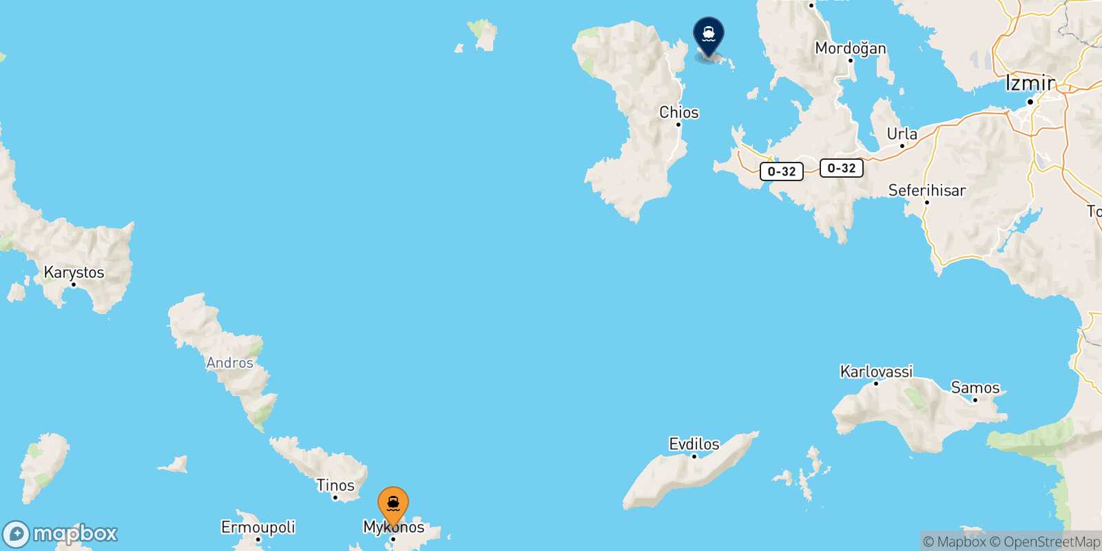 Mappa della rotta Mykonos Inousses