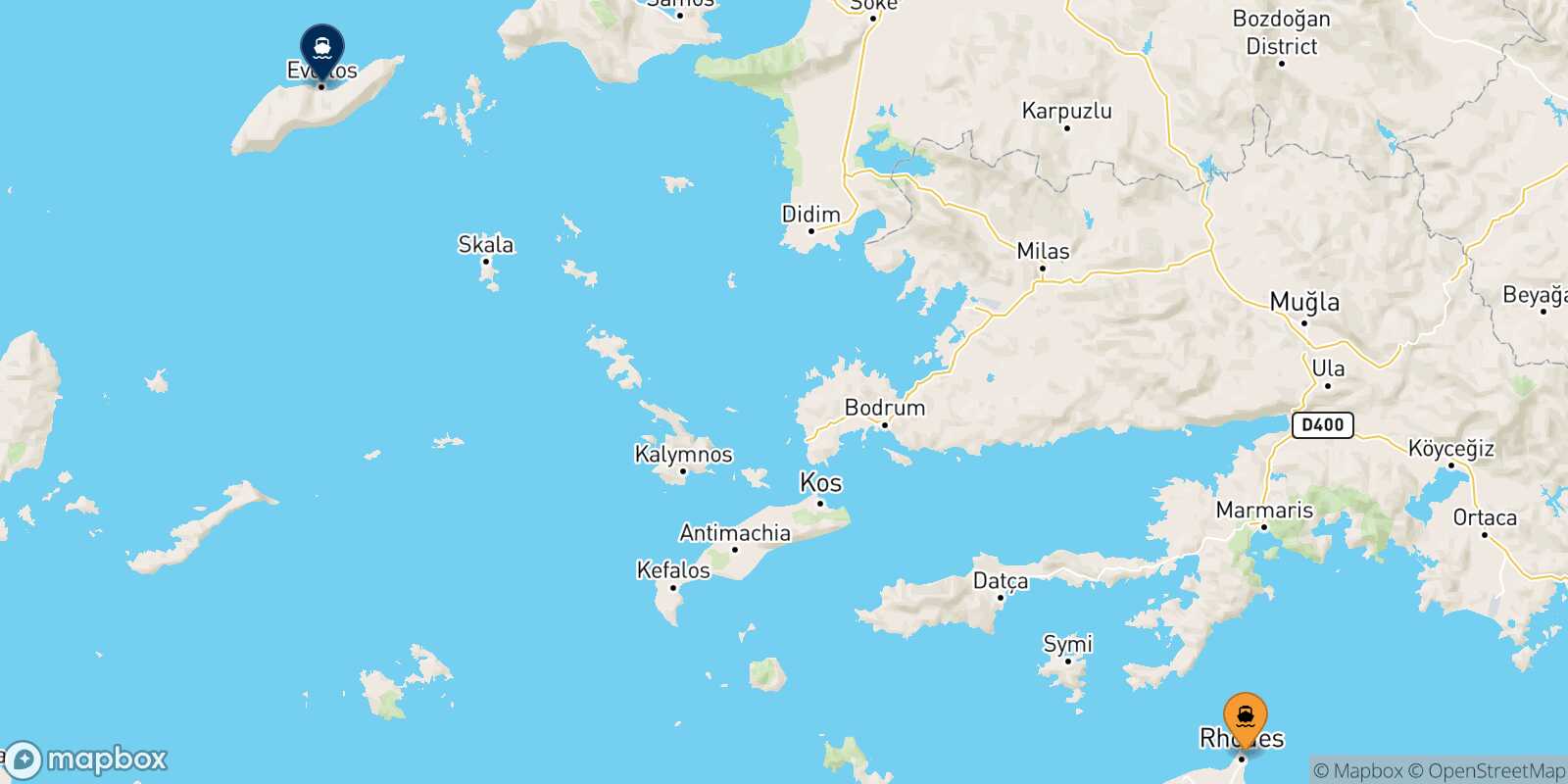Mappa della rotta Rodi Agios Kirikos (Ikaria)