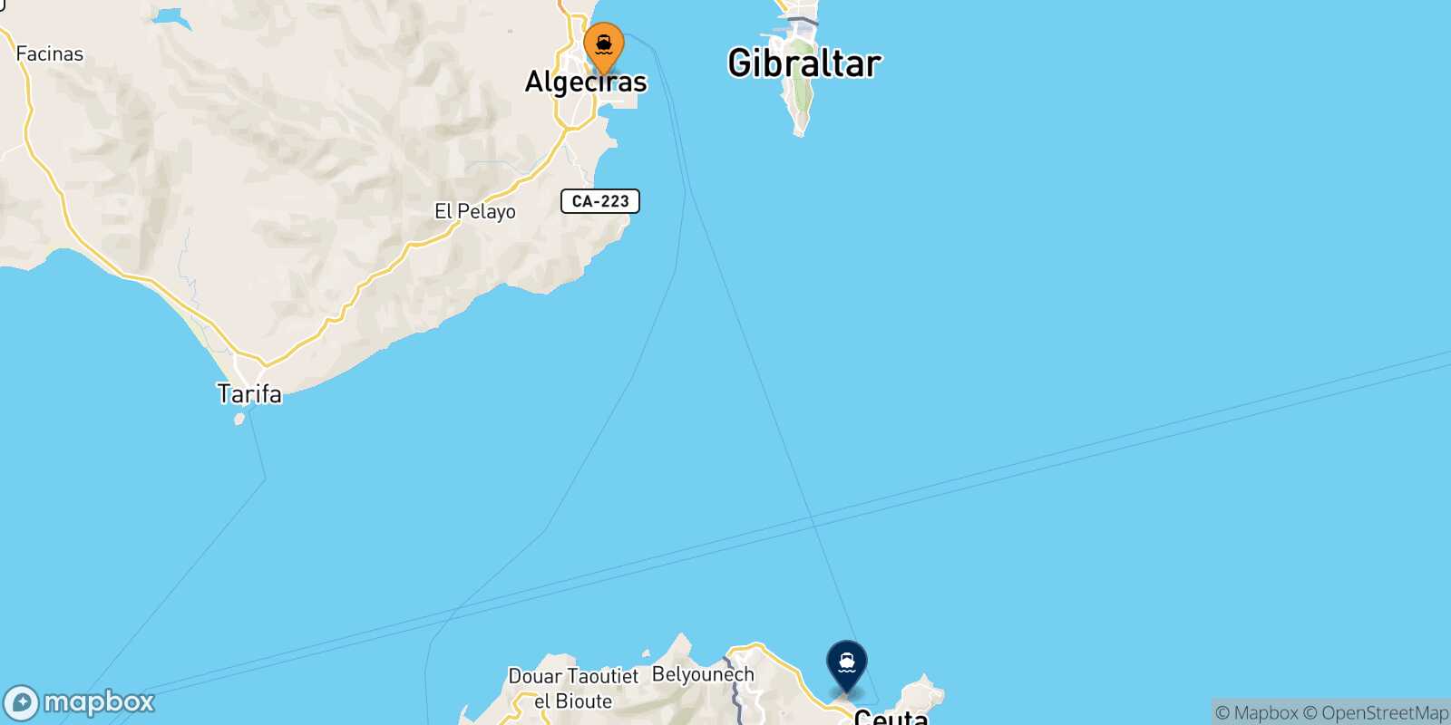 Mappa delle destinazioni raggiungibili da Algeciras