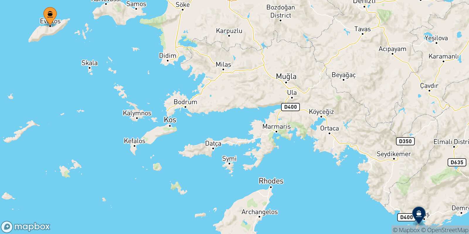 Mappa della rotta Evdilos (Ikaria) Kastellorizo