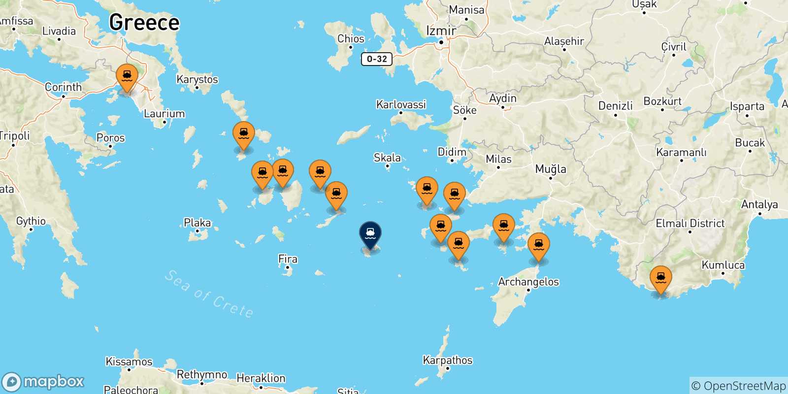 Mappa delle possibili rotte tra la Grecia e Astypalea
