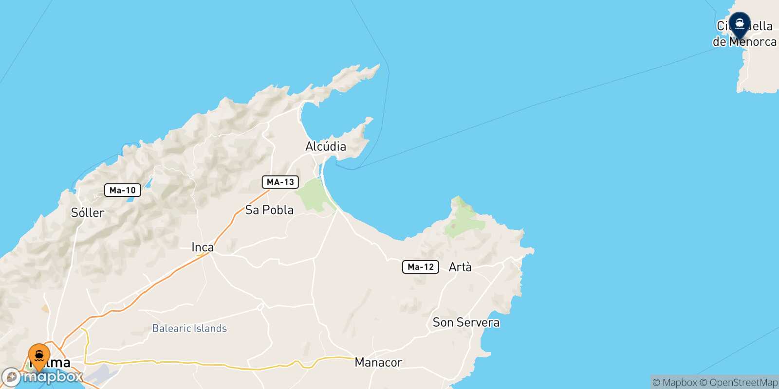 Mappa della rotta Palma Di Maiorca Ciutadella (Minorca)
