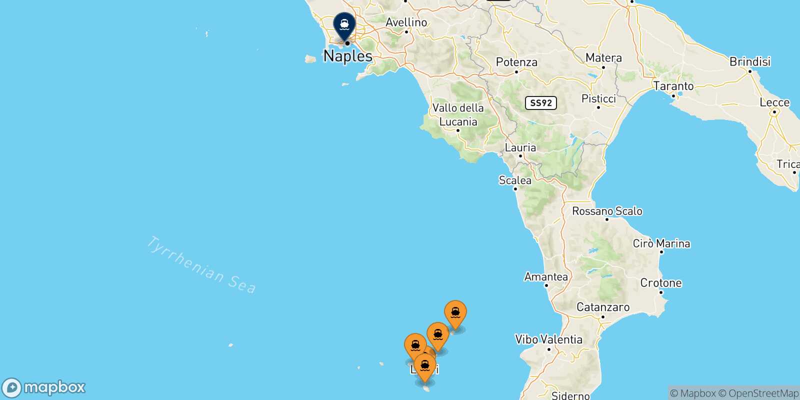 Mappa dei porti collegati con  Napoli Mergellina