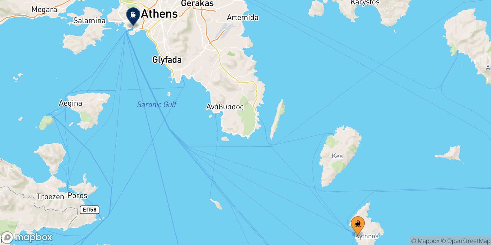 Mappa della rotta Kythnos Pireo