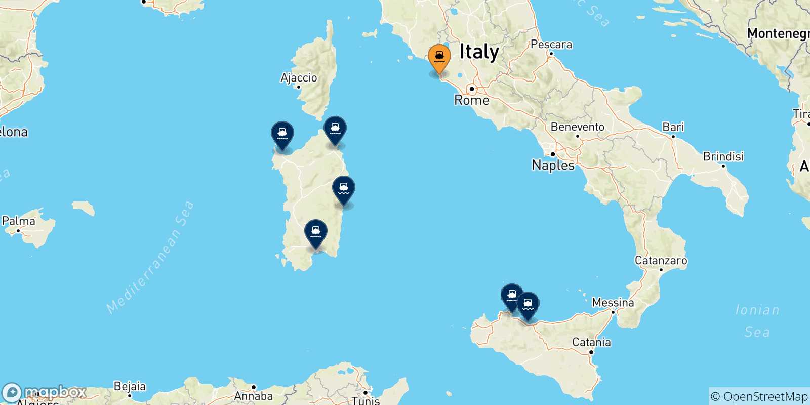 Mappa delle possibili rotte tra Civitavecchia e l'Italia