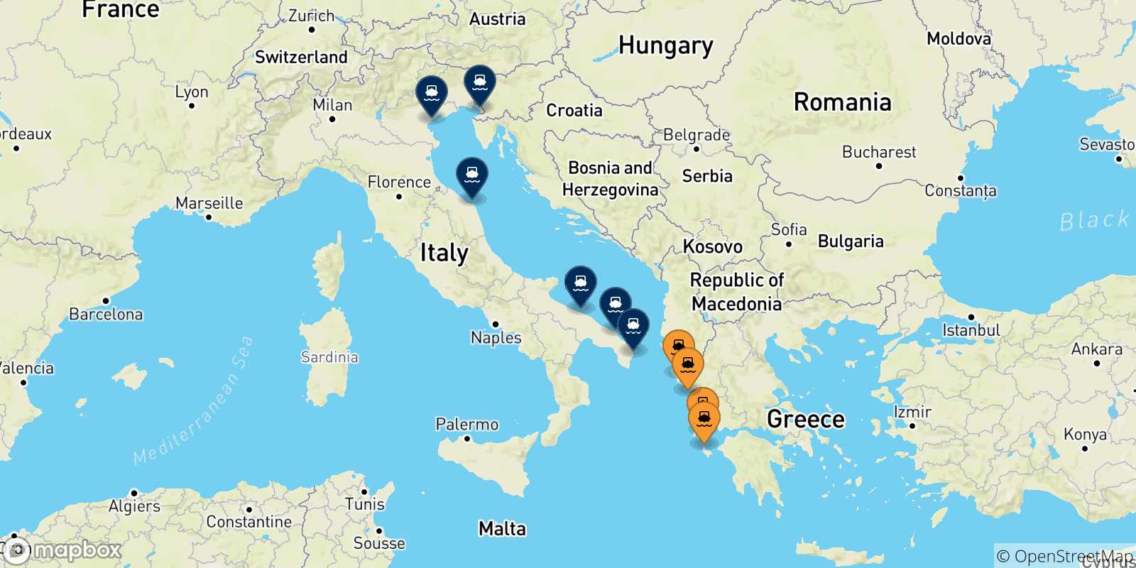 Mappa delle possibili rotte tra le Isole Ionie e l'Italia