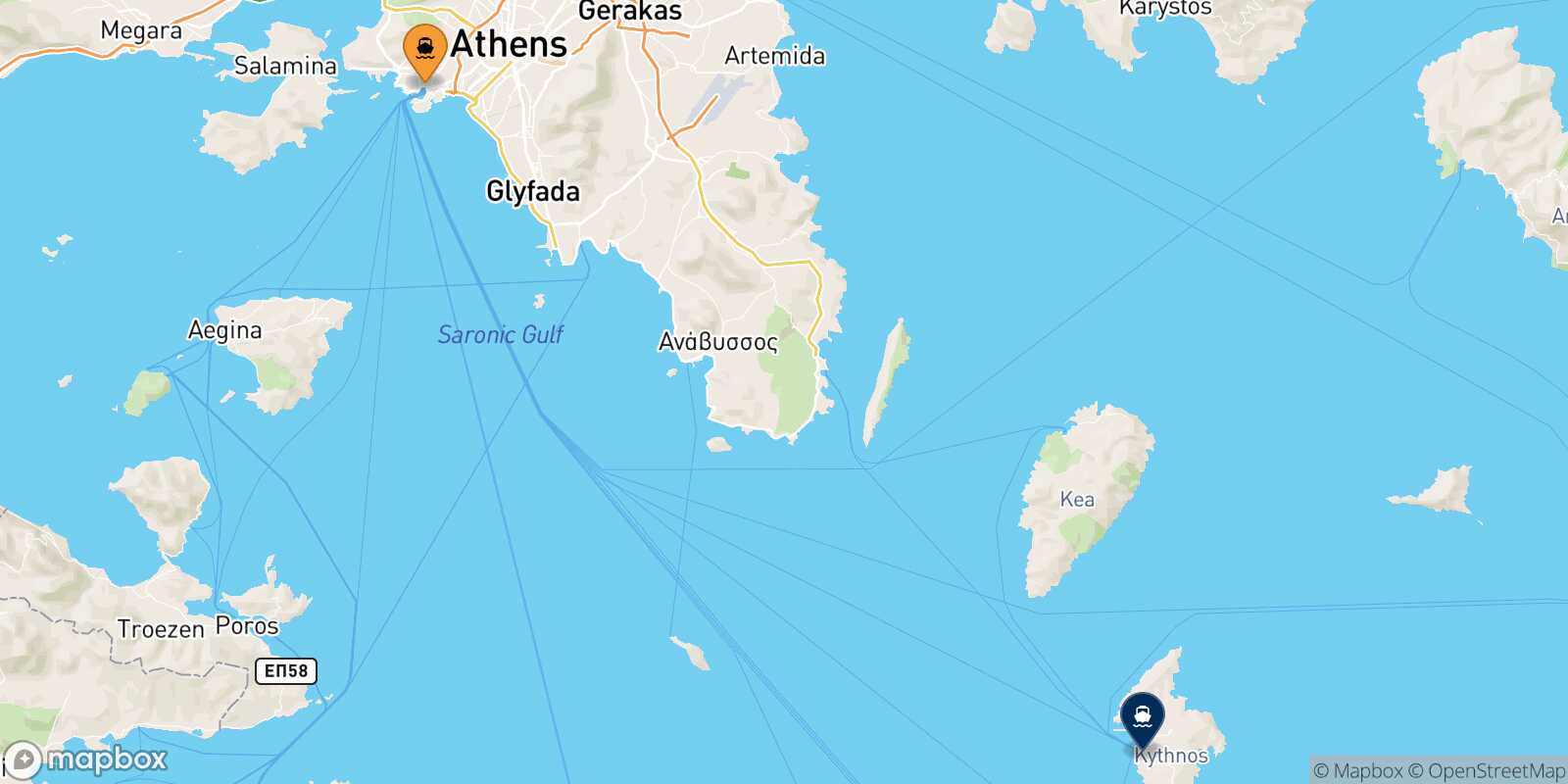Mappa della rotta Pireo Kythnos