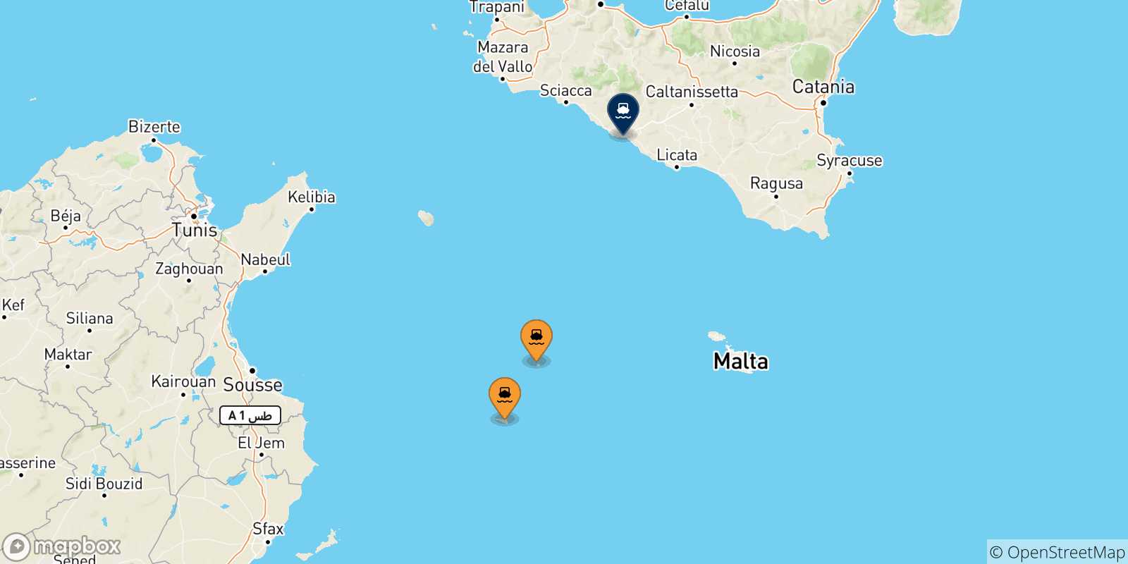Mappa delle possibili rotte tra le Isole Pelagie e l'Italia