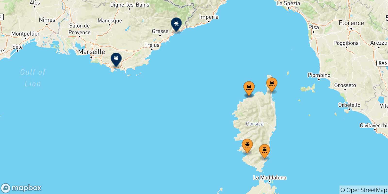 Mappa delle possibili rotte tra la Corsica e la Francia