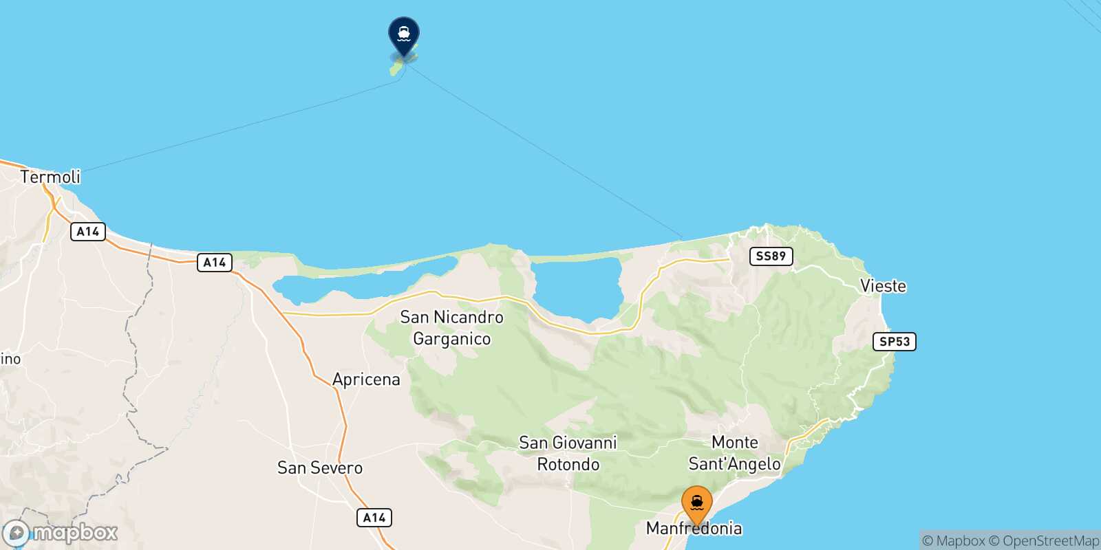 Mappa delle destinazioni raggiungibili da Manfredonia