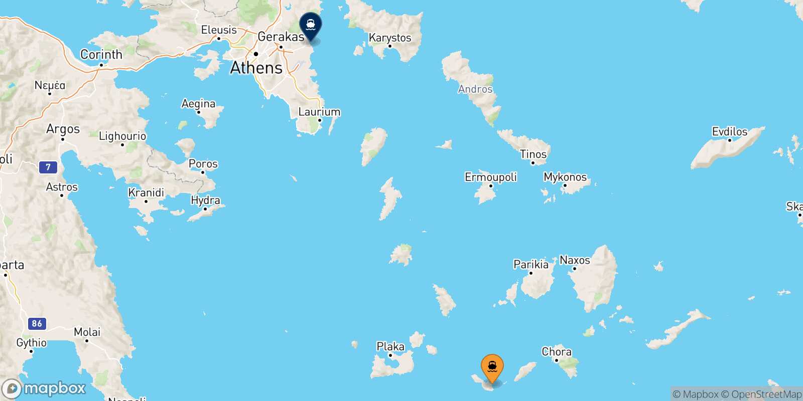 Mappa della rotta Folegandros Rafina