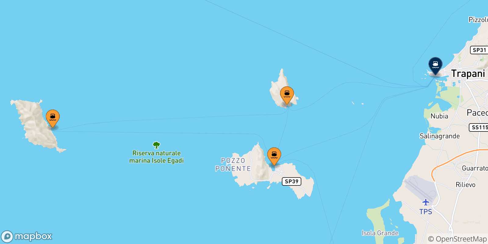Mappa delle possibili rotte tra le Isole Egadi e la Sicilia
