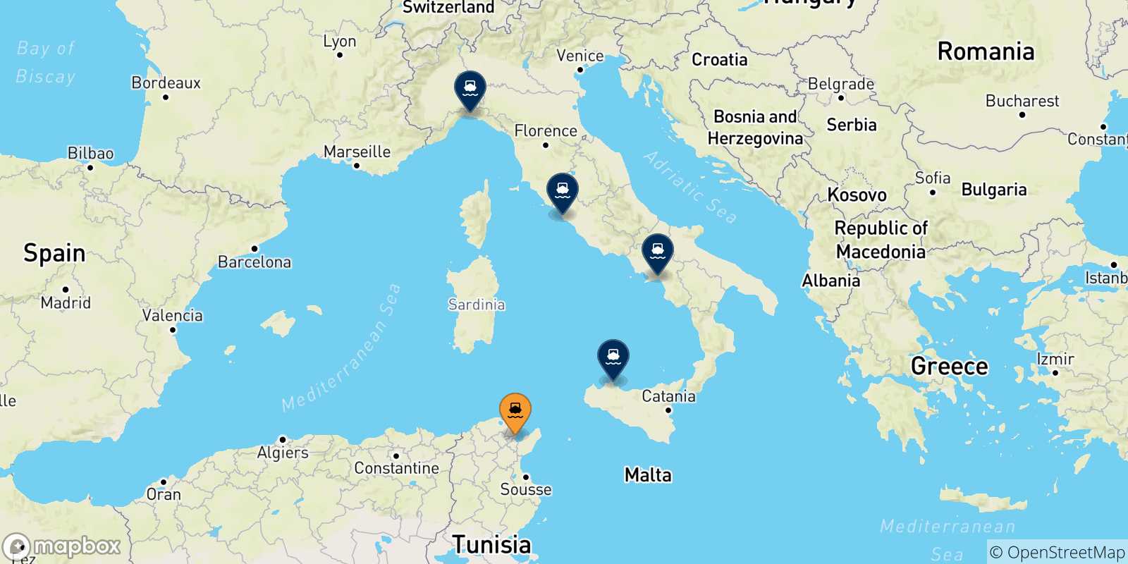 Mappa delle possibili rotte tra la Tunisia e l'Italia