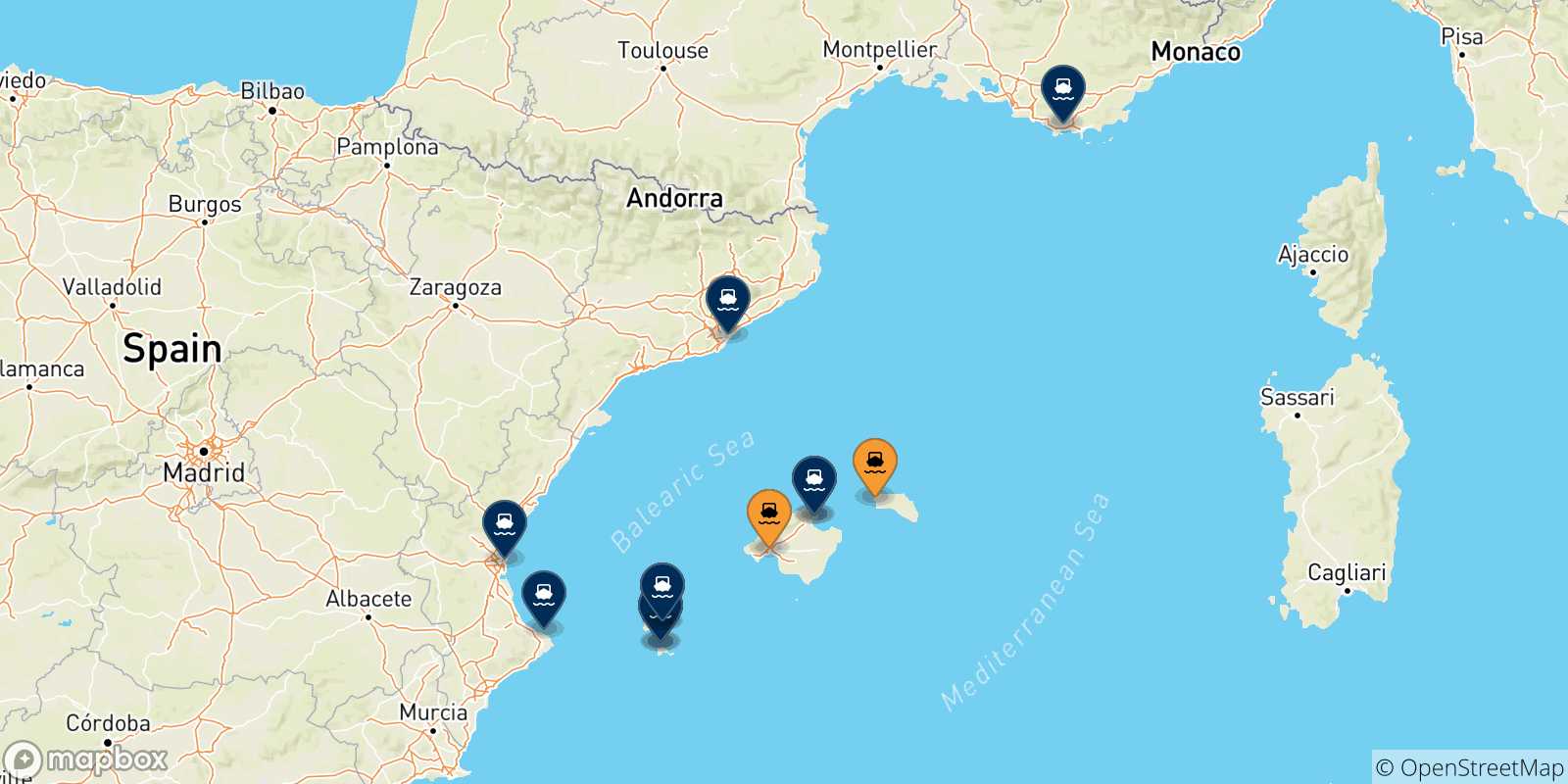 Mappa delle destinazioni raggiungibili dalle Isole Baleari