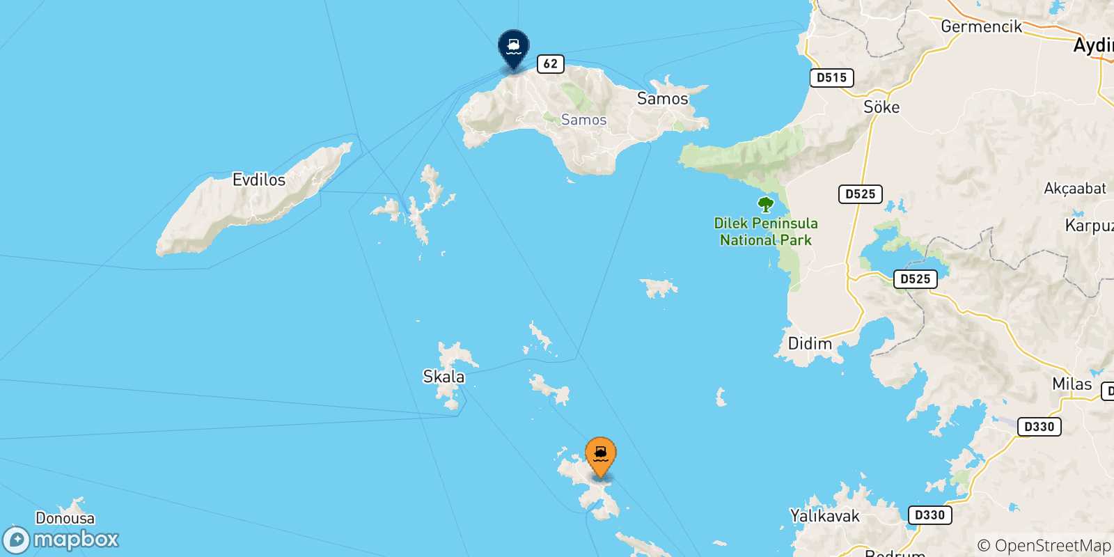 Mappa delle possibili rotte tra Agia Marina (Leros) e le Isole Egeo Nord Orientale
