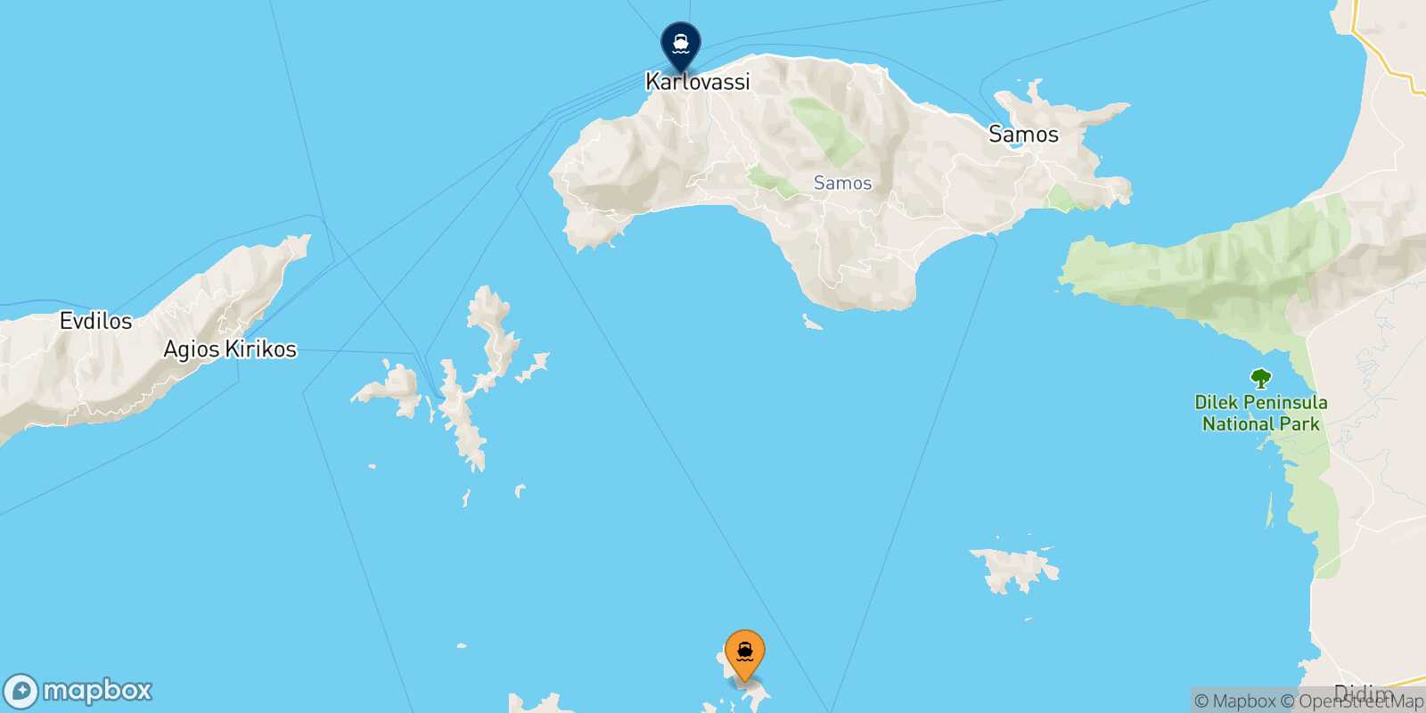 Mappa della rotta Arkyi Pythagorio (Samos)