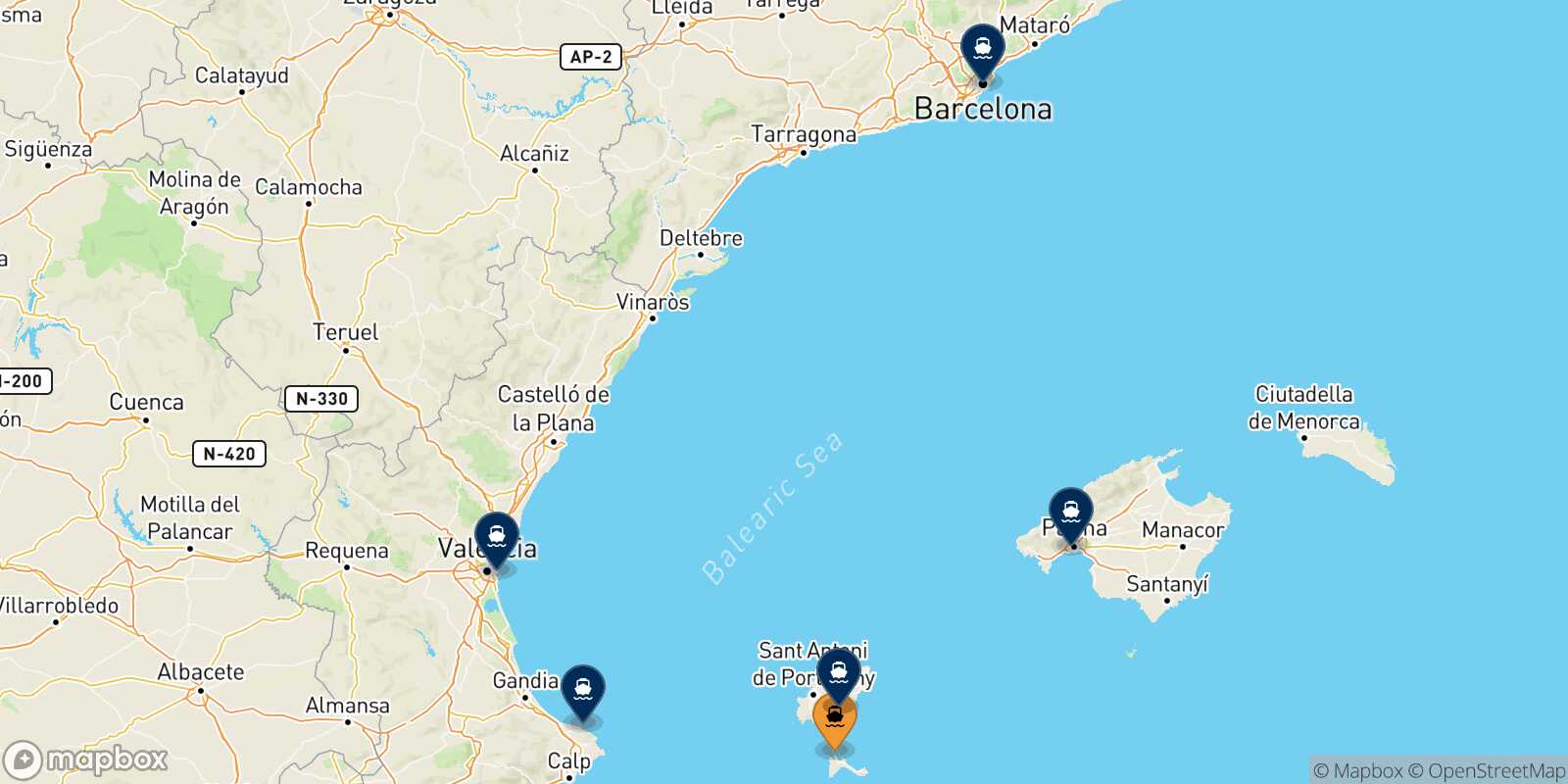 Mappa delle destinazioni raggiungibili da Formentera