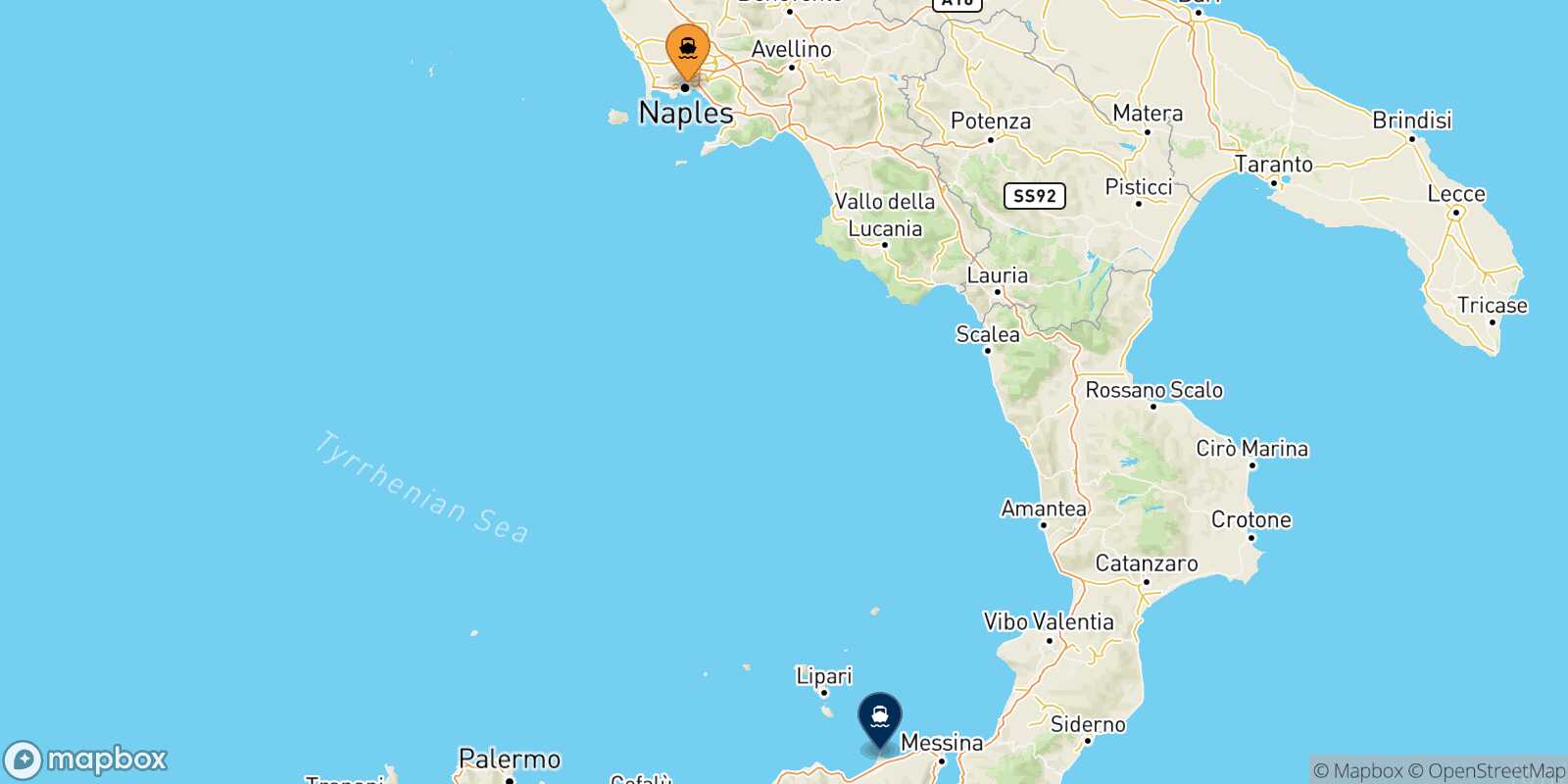 Mappa della rotta Napoli Milazzo
