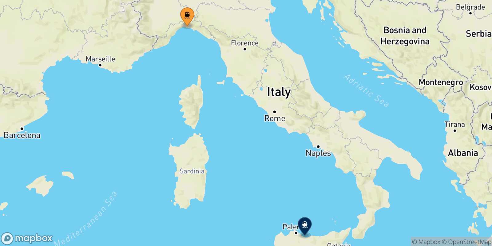 Mappa della rotta Genova Termini Imerese