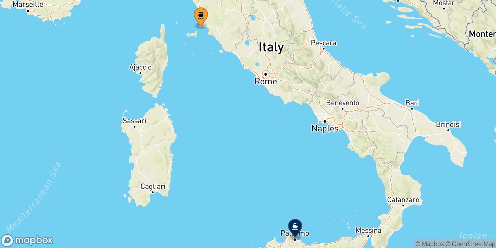Mappa della rotta Piombino Palermo
