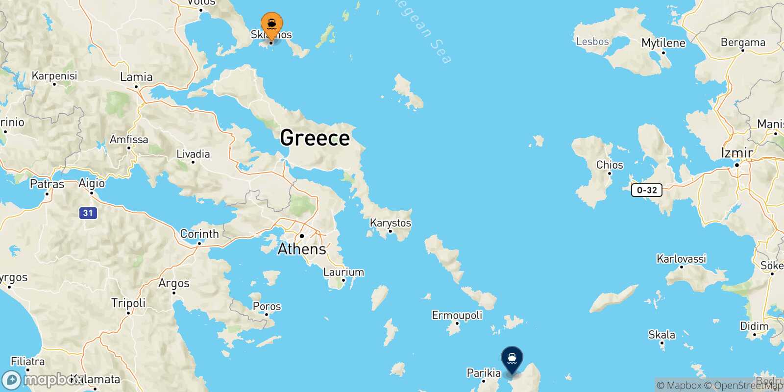 Mappa dei porti collegati con  Naxos