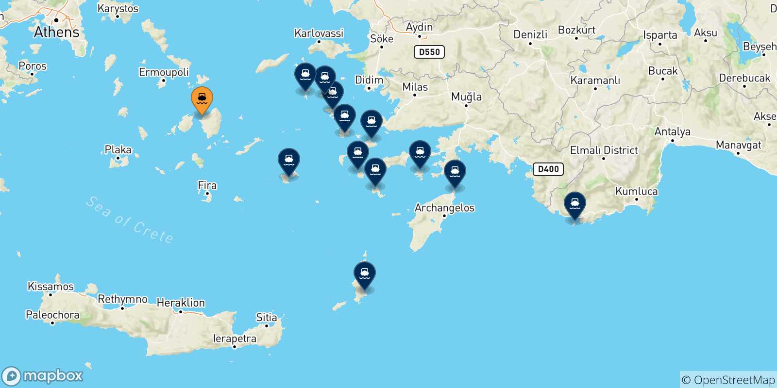 Mappa delle possibili rotte tra Naxos e le Isole Dodecaneso