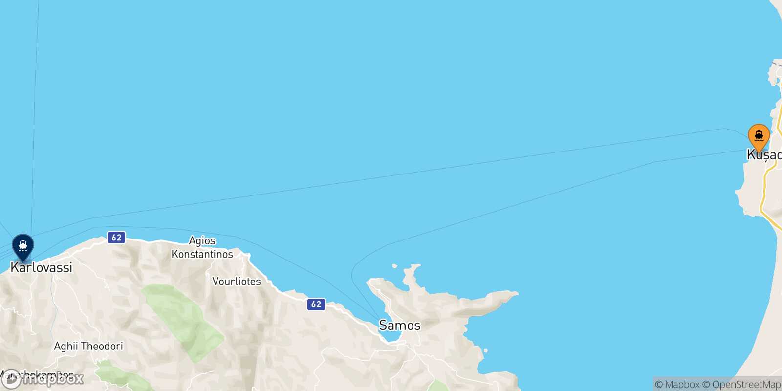 Mappa dei porti collegati con  Pythagorio (Samos)