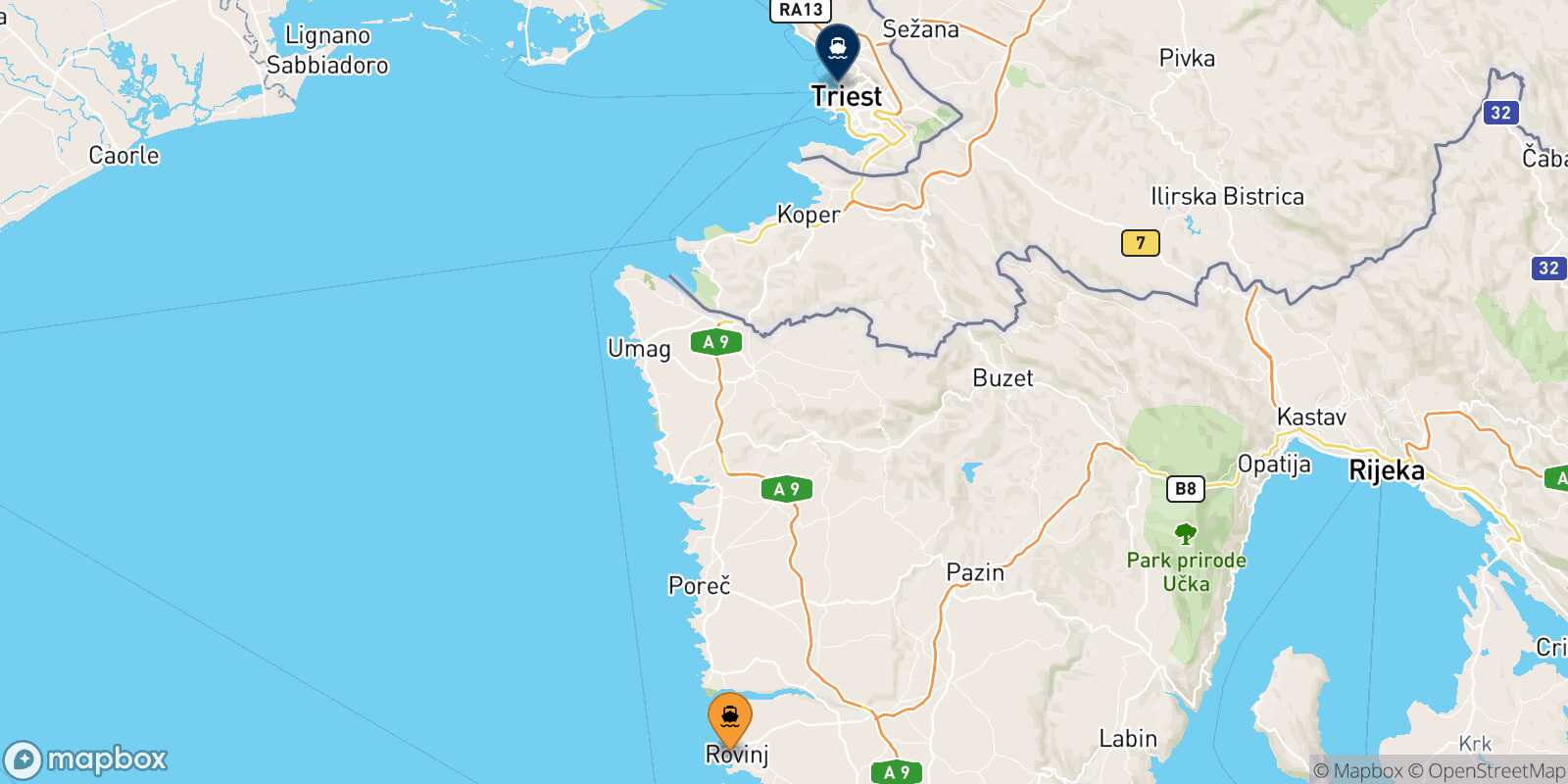 Mappa della rotta Rovigno Trieste