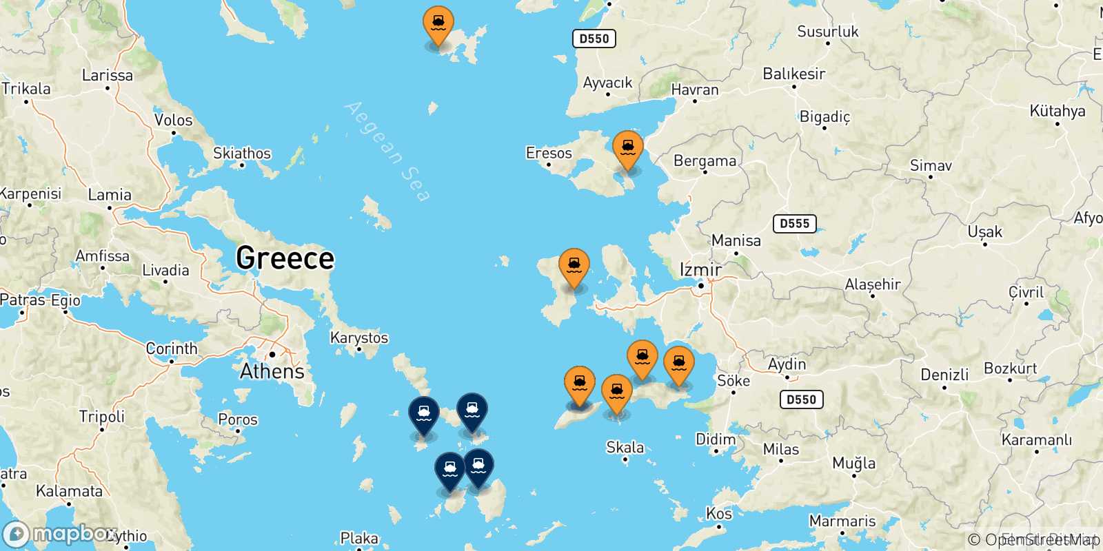 Mappa delle possibili rotte tra le Isole Egeo Nord Orientale e le Isole Cicladi