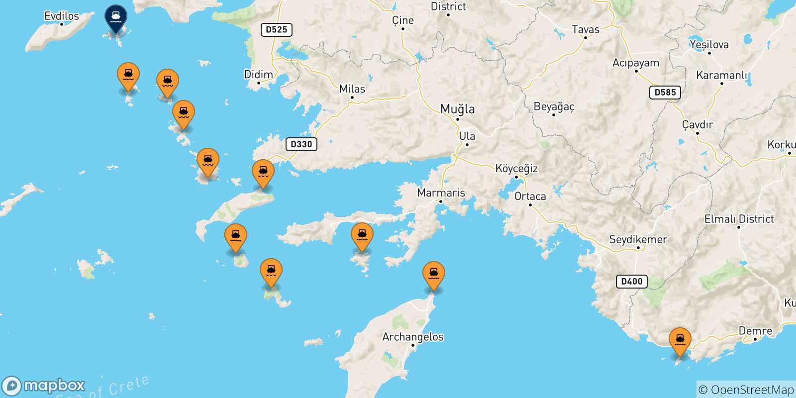 Mappa delle possibili rotte tra le Isole Dodecaneso e Fourni