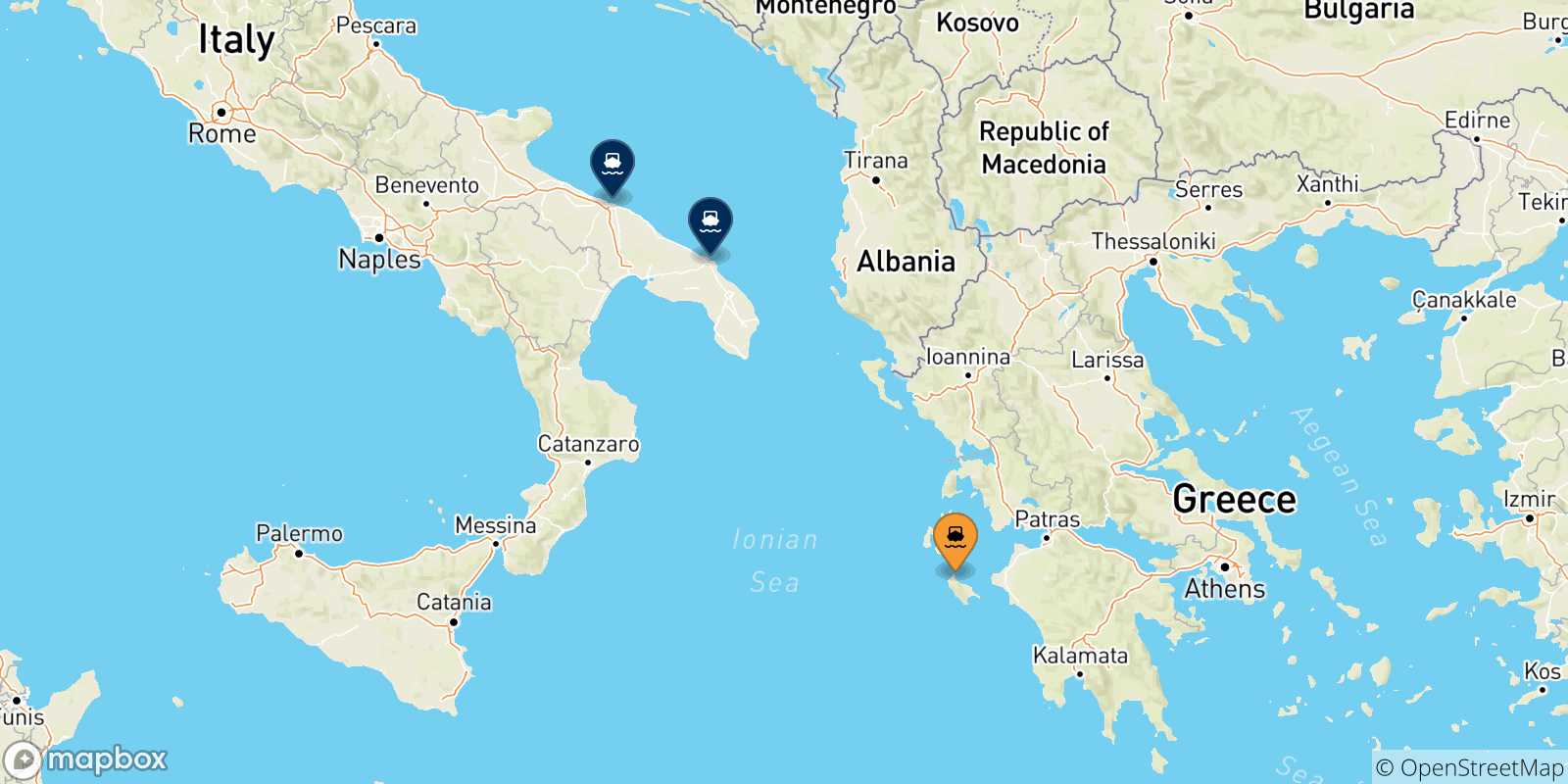 Mappa delle possibili rotte tra Zante e l'Italia