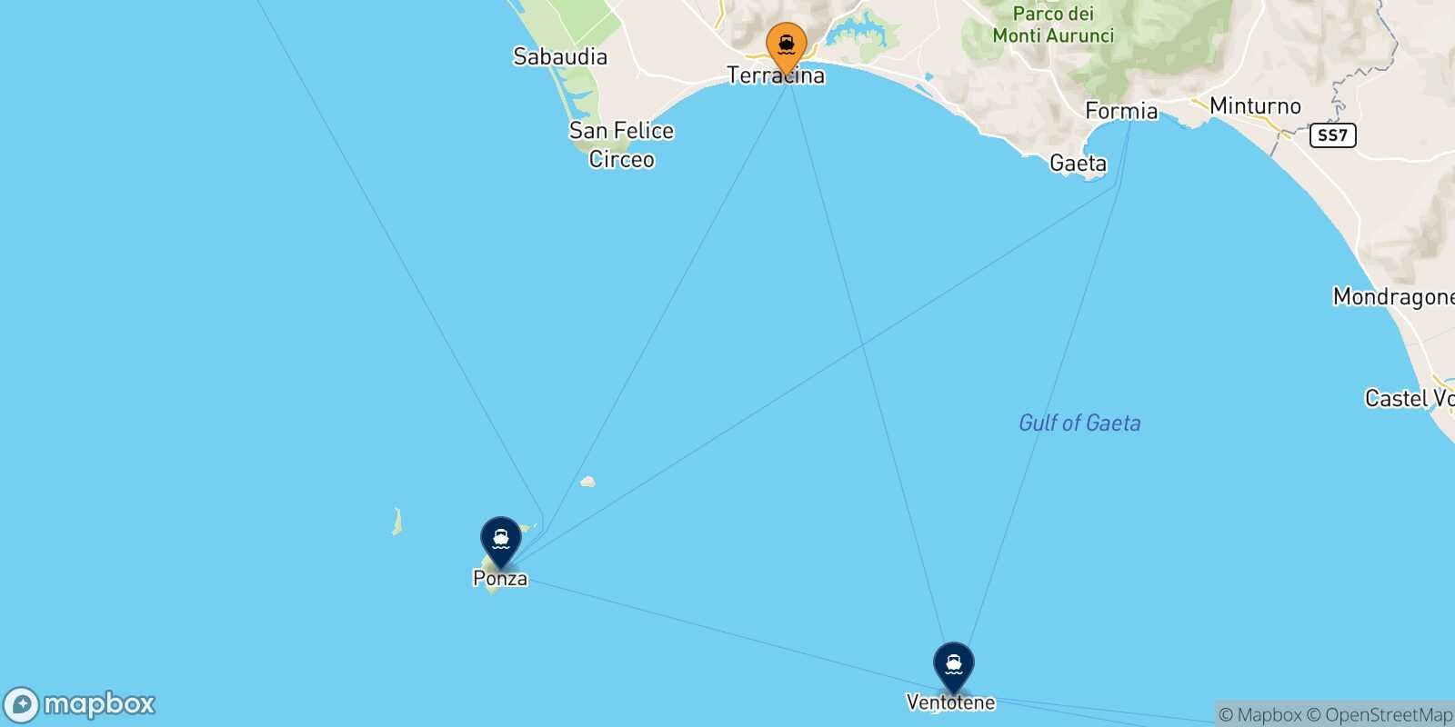 Mappa delle destinazioni raggiungibili da Terracina