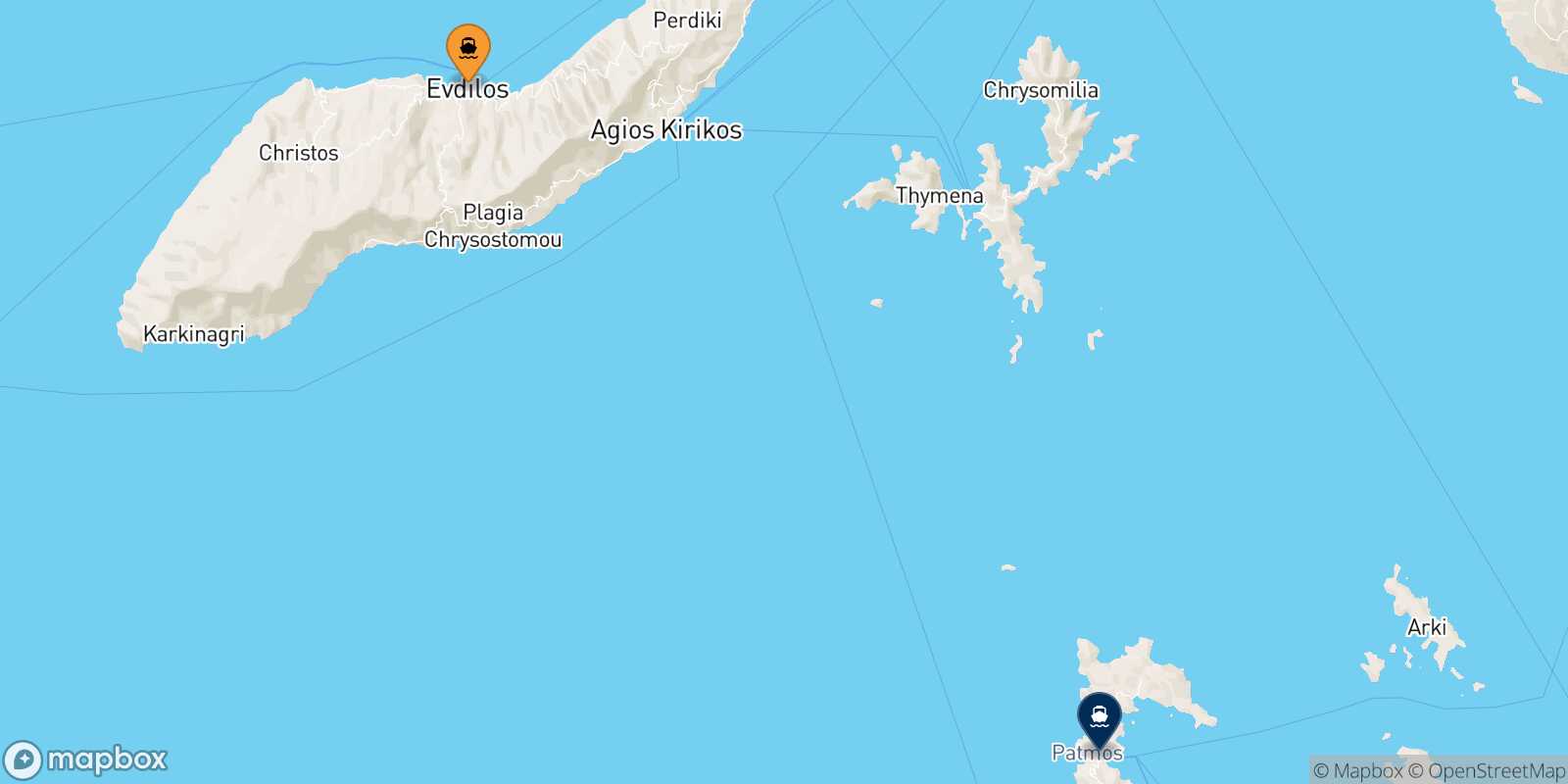Mappa della rotta Evdilos (Ikaria) Patmos