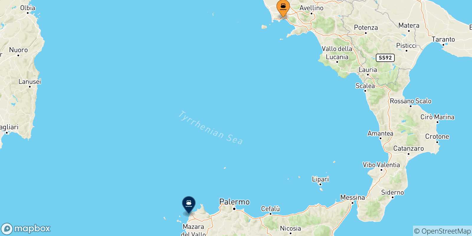 Mappa delle possibili rotte tra Napoli Beverello e la Sicilia