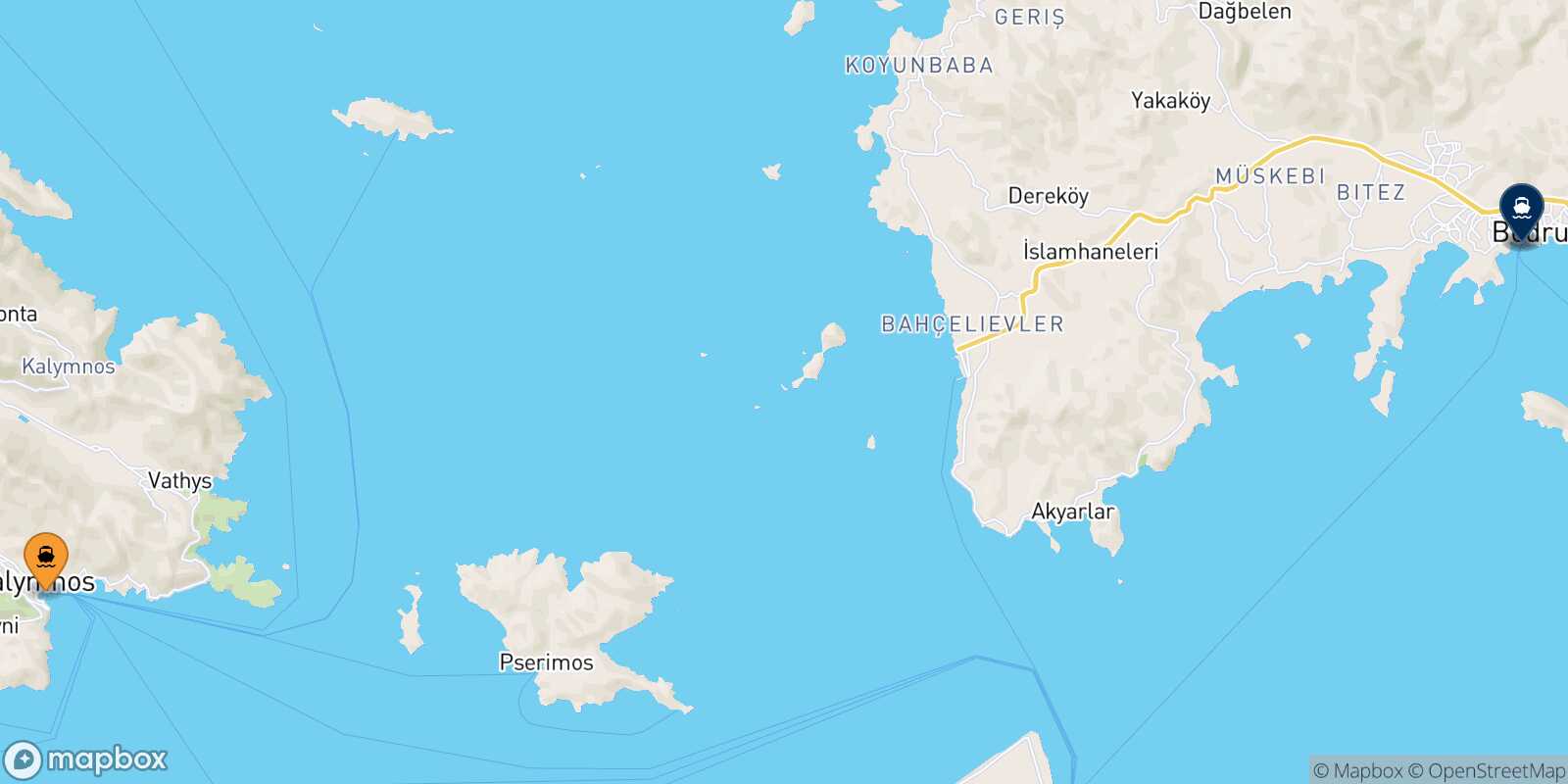 Mappa delle destinazioni raggiungibili da Kalymnos