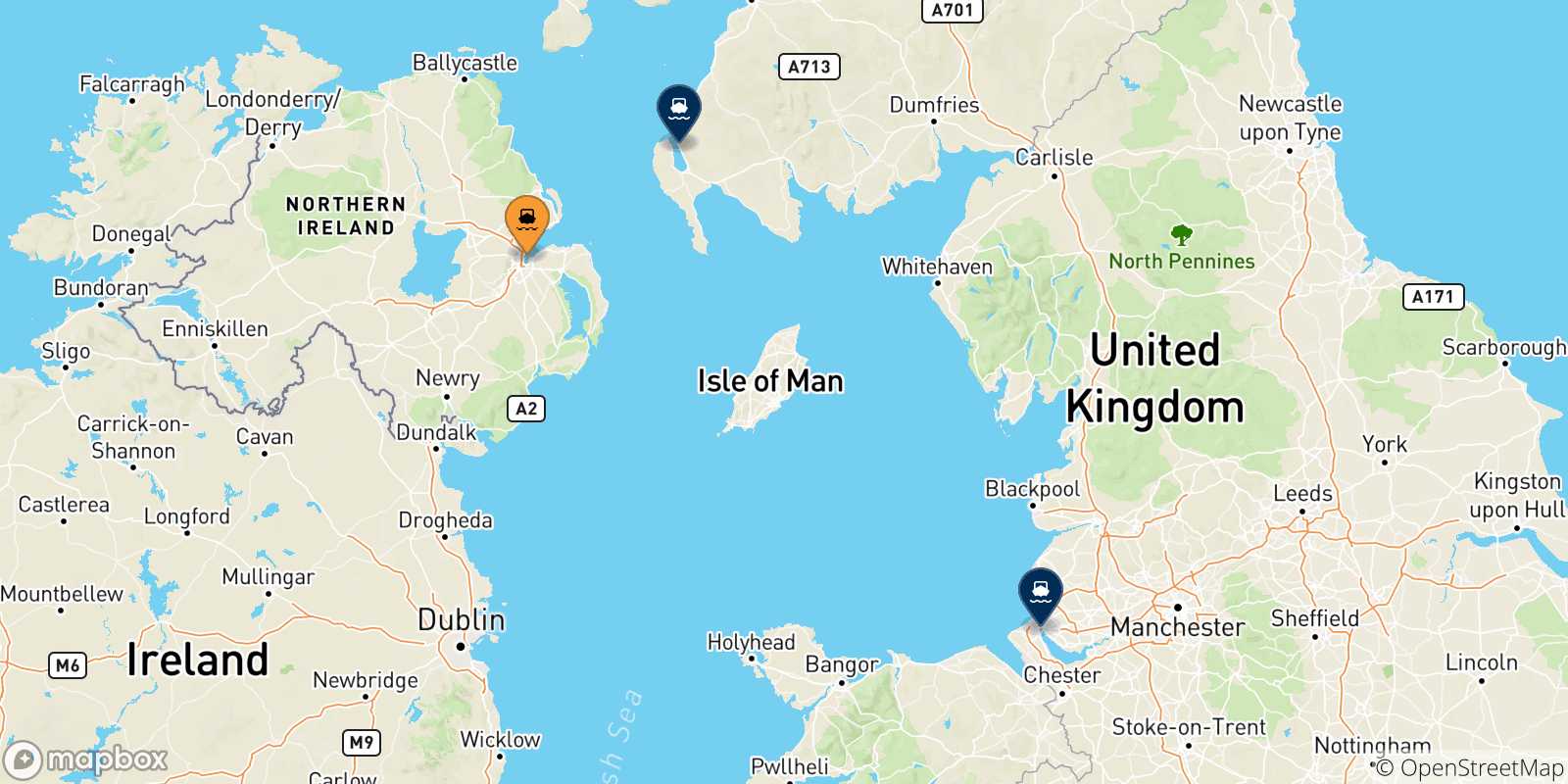 Mappa delle destinazioni raggiungibili dall' Irlanda Del Nord