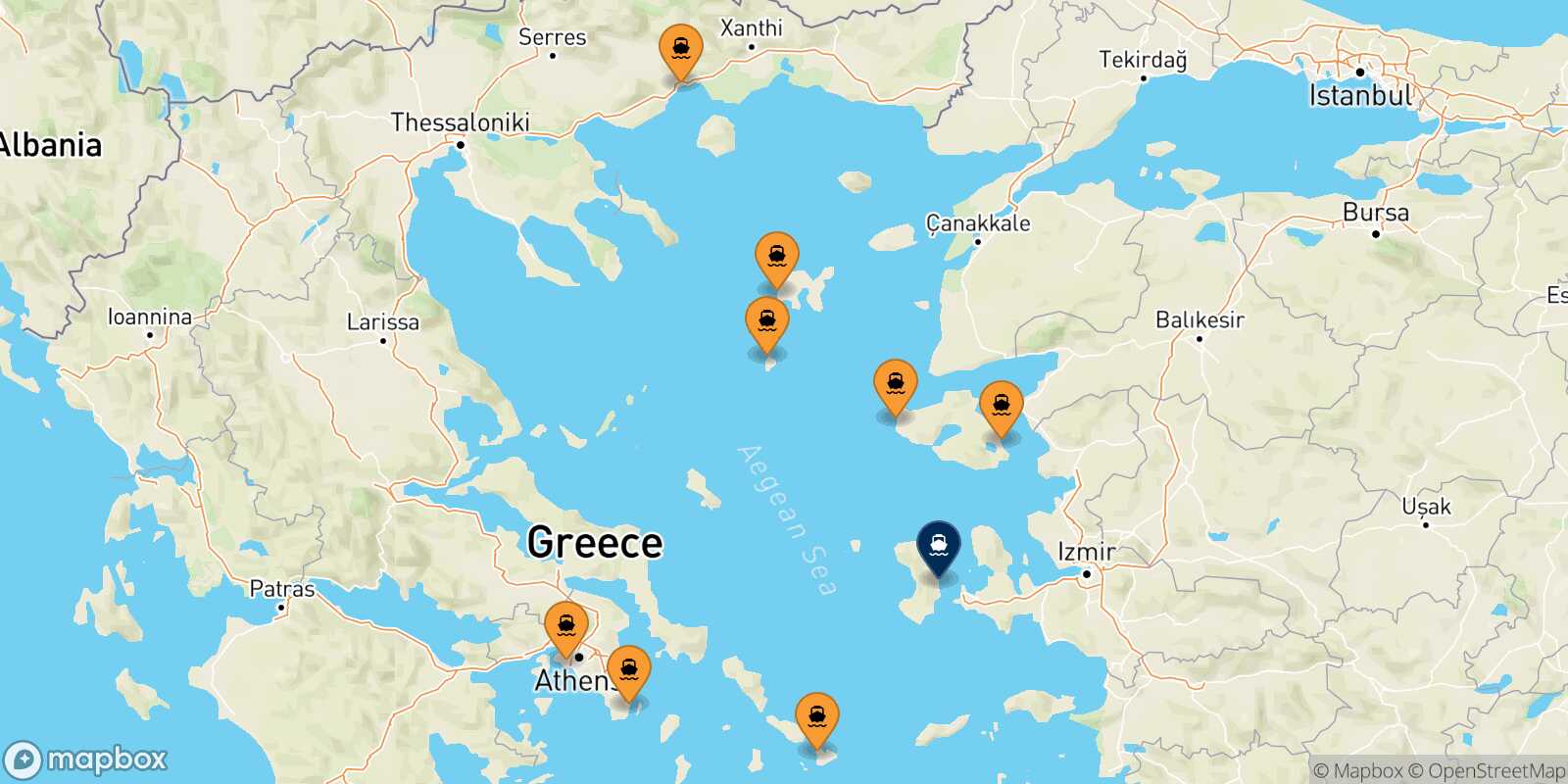 Mappa dei porti collegati con  Mesta Chios