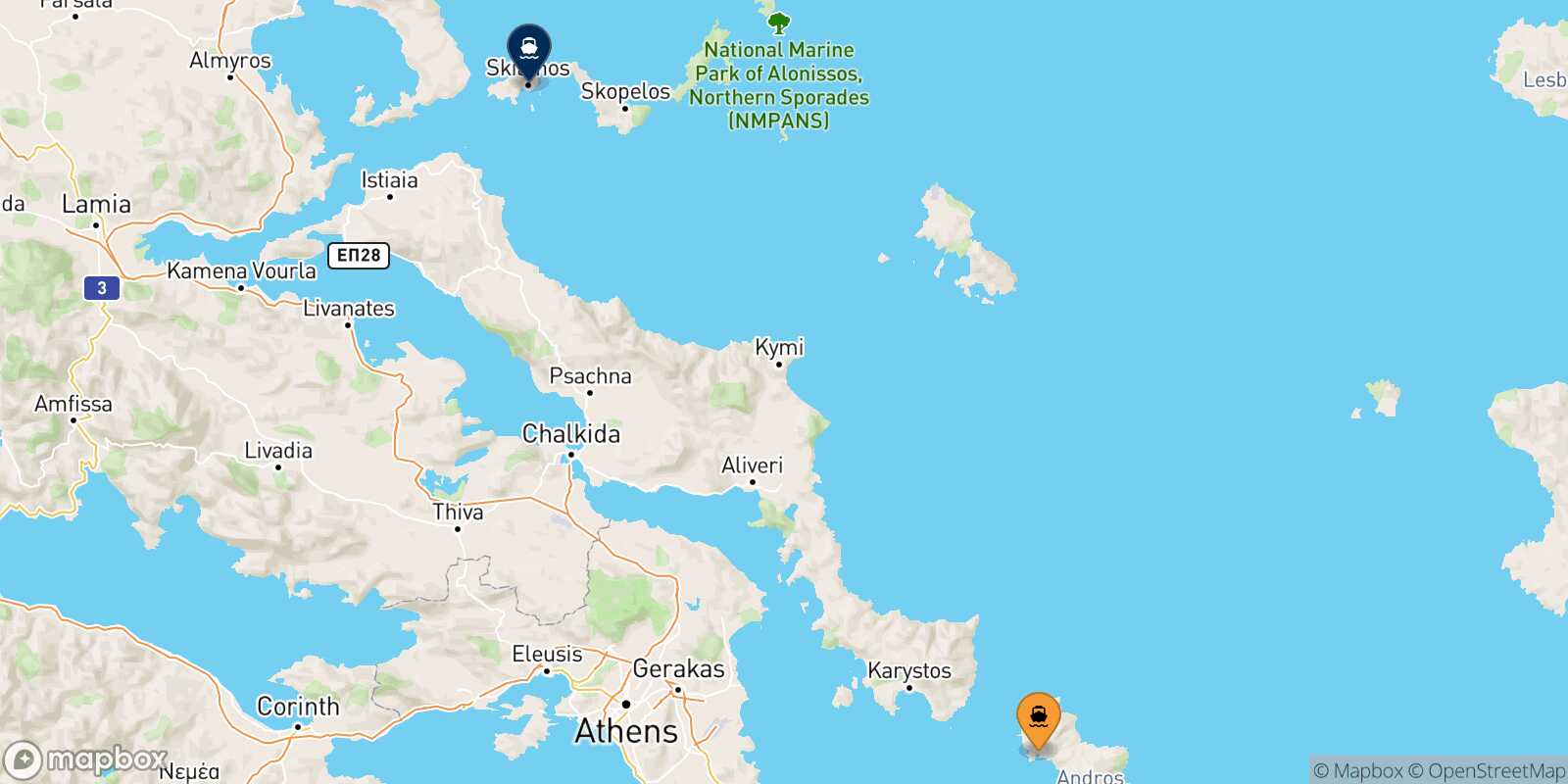 Mappa della rotta Andros Skiathos