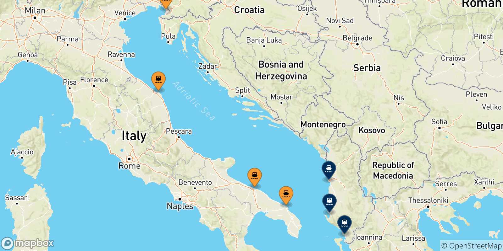 Mappa delle possibili rotte tra l'Italia e l'Albania