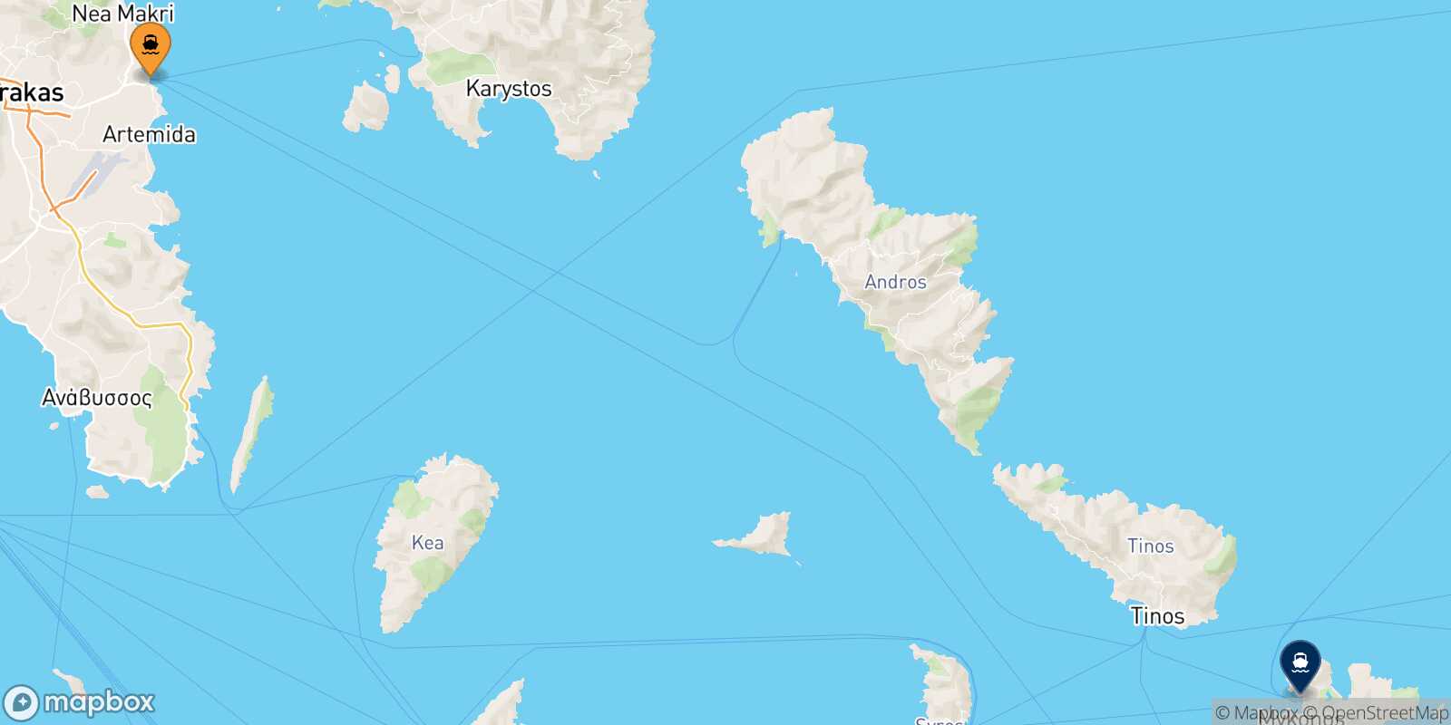Mappa della rotta Rafina Mykonos